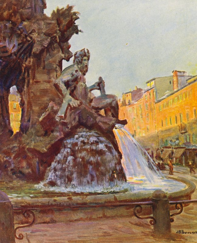 Roma: Plaza Navona, Fuente de Bernini (litografía en color) de Joseph Felix Bouchor