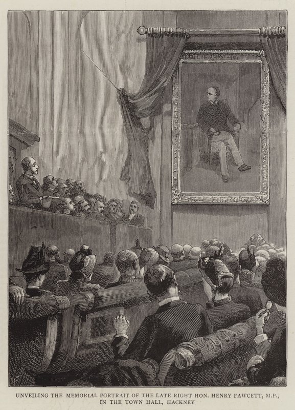 Revelación del retrato conmemorativo del difunto Honorable Henry Fawcett, MP, en el Ayuntamiento de Hackney de Joseph Finnemore