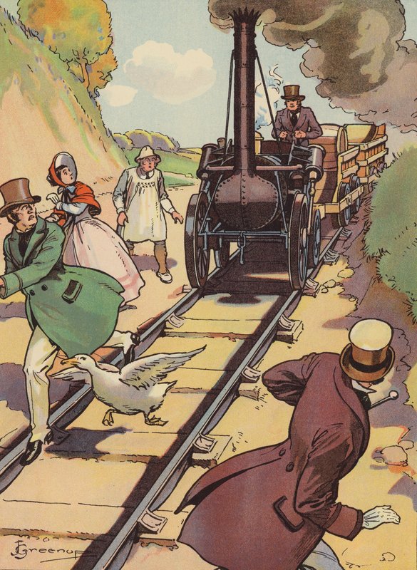 Una locomotora antigua (litografía en color) de Joseph Greenup