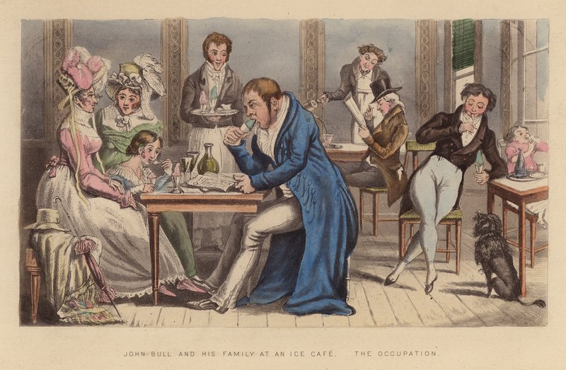 John Bull y su familia en un café helado (grabado coloreado) de Joseph Grego