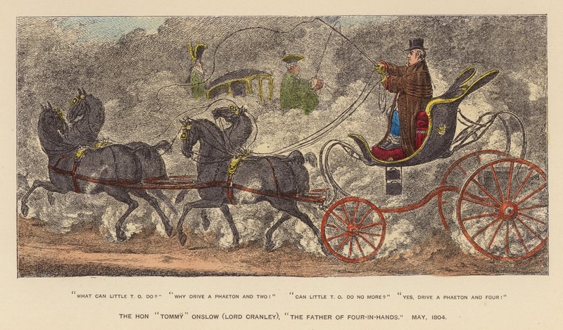 The Hon "Tommy" Onslow (Lord Cranley), "The Father of Four-in-Hands," mayo de 1804 (grabado coloreado) de Joseph Grego