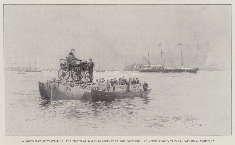 Una Manera Novel de Viajar, el Príncipe de Gales desembarcando del Osborne en el Parque Mount Edgcumbe, Sábado, 27 de Agosto de Joseph Holland Tringham