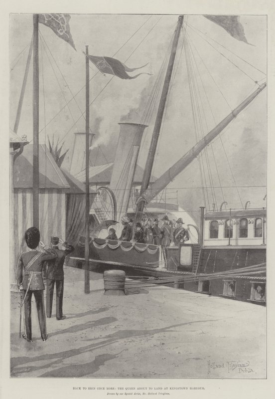 De vuelta a Erin una vez más, la reina a punto de desembarcar en el puerto de Kingstown de Joseph Holland Tringham