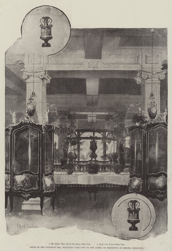 China de la era victoriana, incluyendo jarrón prestado por la Reina, en exhibición en Messers Phillips