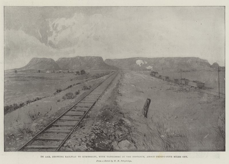 De Aar, mostrando el ferrocarril a Kimberley, con Tafelberg en la distancia, a unos treinta y cinco millas de distancia de Joseph Holland Tringham