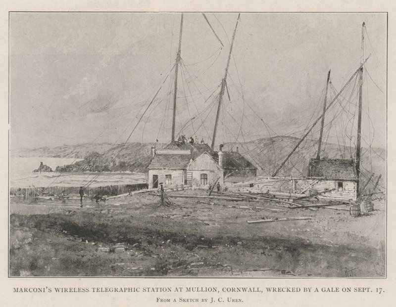 La estación telegráfica inalámbrica de Marconi en Mullion, Cornwall, destruida por un vendaval el 17 de septiembre de Joseph Holland Tringham