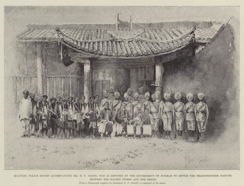Escolta de la Policía Militar acompañando al Sr. H F Hertz, designado por el Gobierno de Birmania para resolver la Disputa Transfronteriza entre las Tribus Kachin y los Shans de Joseph Holland Tringham