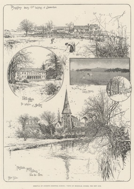 Traslado de la Escuela del Hospital de Cristo, Vistas de Horsham, Sussex, el nuevo sitio de Joseph Holland Tringham