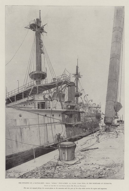 La construcción de un acorazado, HMS Ocean, Twin-Screw, 1ª clase, 12,950 toneladas, en el astillero de Plymouth de Joseph Holland Tringham