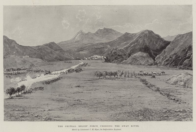 La fuerza de socorro de Chitral cruzando el río Swat de Joseph Holland Tringham