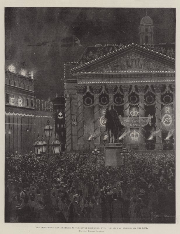 Las iluminaciones de la coronación en el Royal Exchange, con el Banco de Inglaterra a la izquierda de Joseph Holland Tringham
