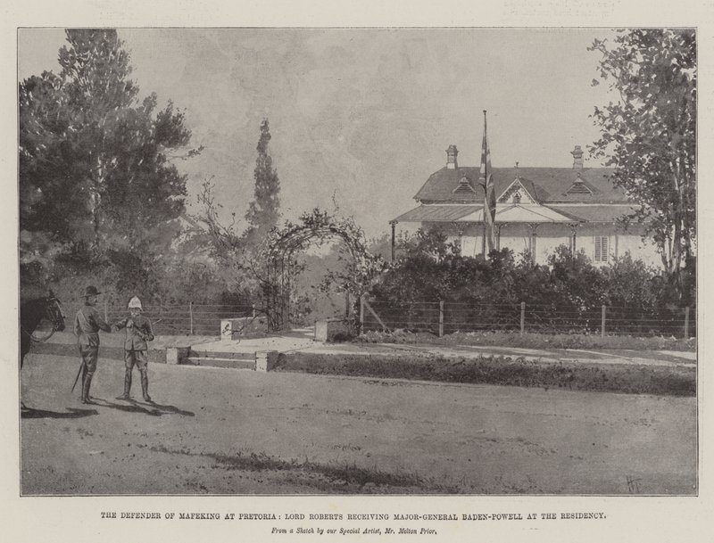 El defensor de Mafeking en Pretoria, Lord Roberts recibiendo al Mayor General Baden-Powell en la Residencia de Joseph Holland Tringham