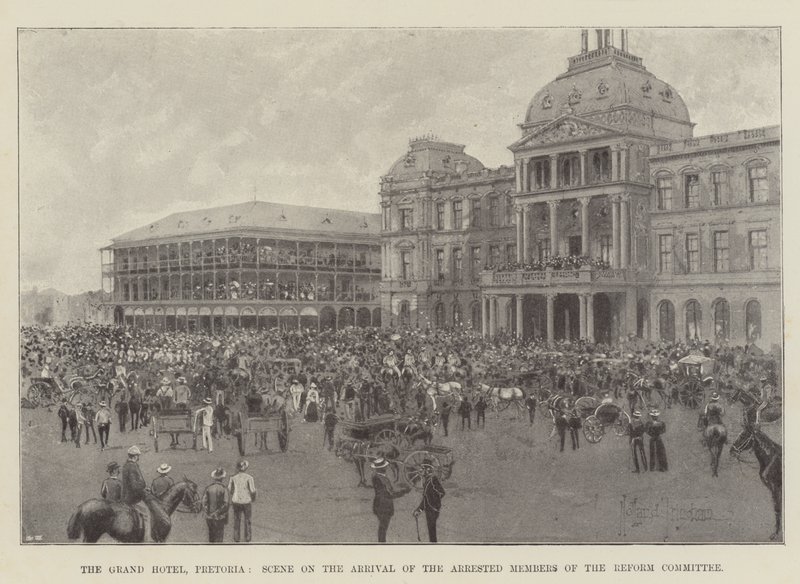 El Gran Hotel, Pretoria, escena en la llegada de los miembros arrestados del Comité de Reforma de Joseph Holland Tringham