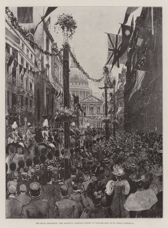La procesión real, el carruaje de Su Majestad pasando por Ludgate Hill hacia la Catedral de San Pablo de Joseph Holland Tringham