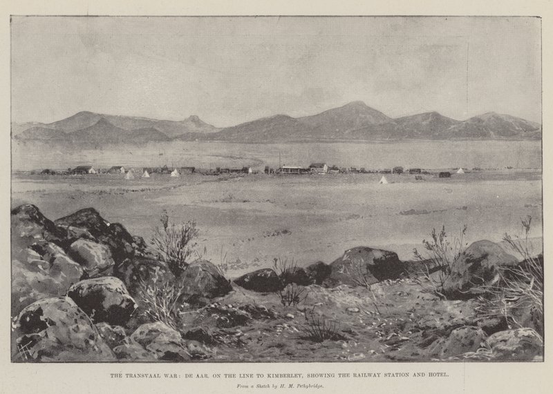 La guerra de Transvaal, De Aar, en la línea a Kimberley, mostrando la estación de tren y el hotel de Joseph Holland Tringham