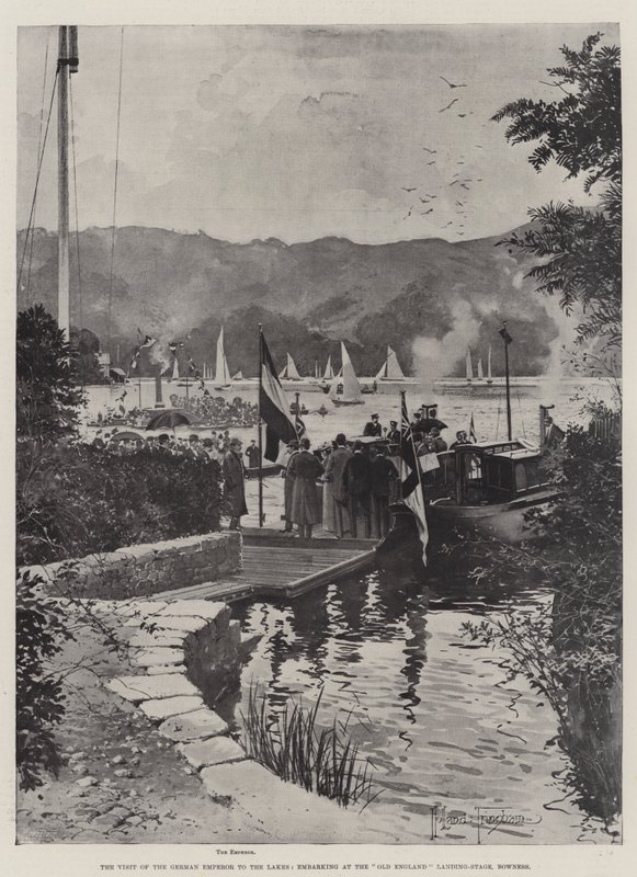 La visita del emperador alemán a los lagos, embarcando en el muelle de Old England, Bowness de Joseph Holland Tringham