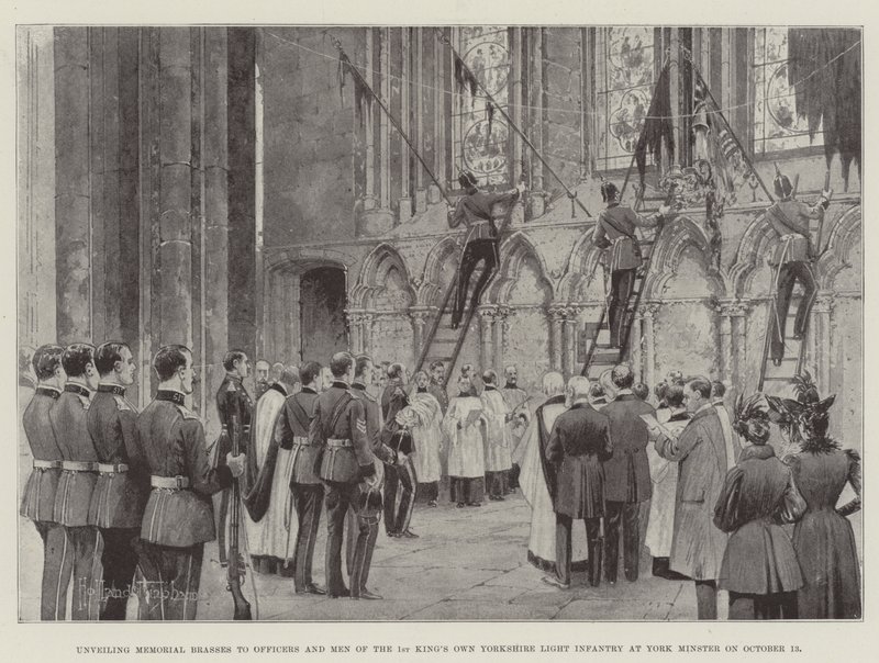 Inauguración de las placas conmemorativas a los oficiales y hombres del 1er Regimiento de Infantería Ligera del Rey de Yorkshire en la Catedral de York el 13 de octubre de Joseph Holland Tringham