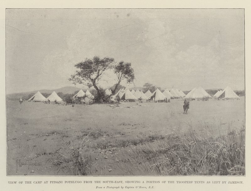 Vista del campamento en Pitsani Pothlugo desde el sureste, mostrando una parte de las tiendas de los soldados como las dejó Jameson de Joseph Holland Tringham