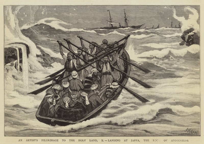 Peregrinación de un artista a Tierra Santa, X, desembarco en Jaffa, la Roca de Andrómeda de Joseph Nash