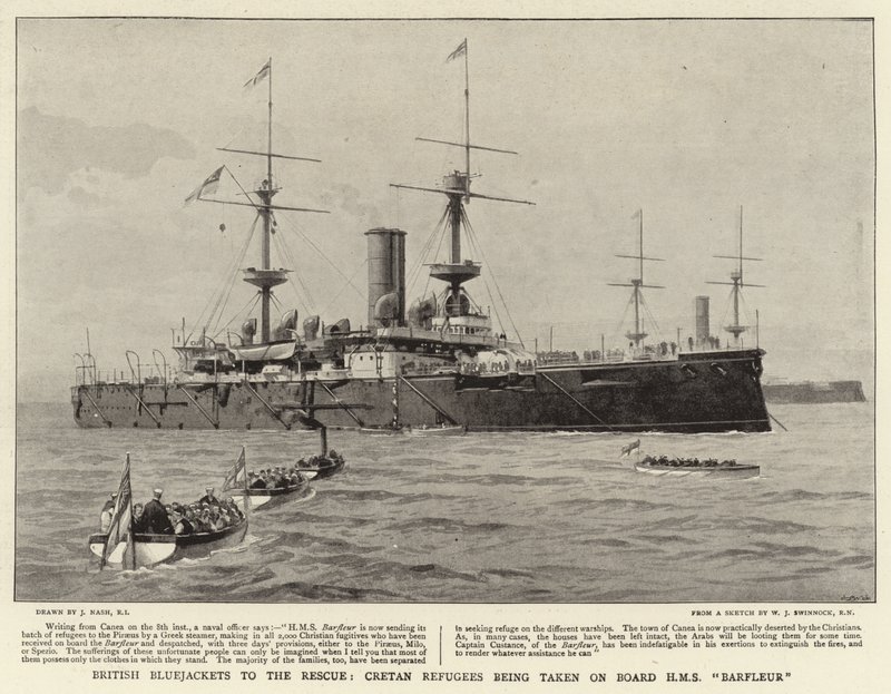 Marineros británicos al rescate, refugiados cretenses siendo llevados a bordo del HMS Barfleur de Joseph Nash