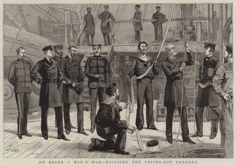 A bordo de un buque de guerra, izando el banderín de pago de Joseph Nash