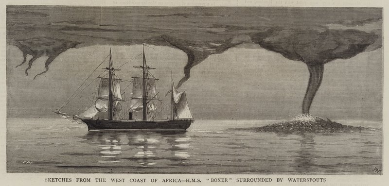 Bocetos de la Costa Oeste de África, HMS Boxer rodeado por Trombas Marinas de Joseph Nash