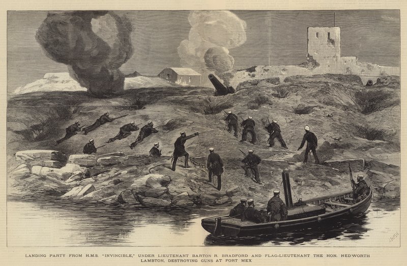 El bombardeo de Alejandría, grupo de desembarco del HMS Invincible, bajo el mando del teniente Barton R. Bradford y el teniente de bandera el honorable Hedworth Lambton destruyendo cañones en el Fuerte Mex de Joseph Nash