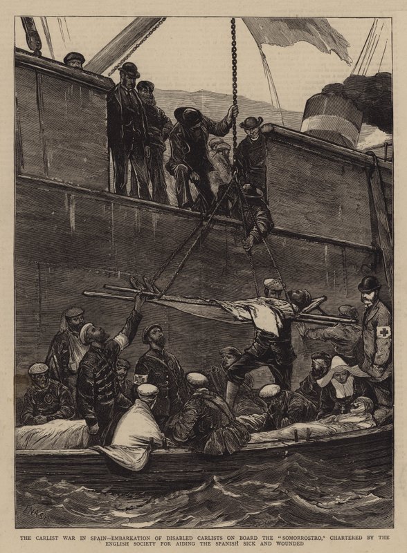 La Guerra Carlista en España, Embarque de Carlistas Discapacitados a Bordo del Somorrostro, fletado por la Sociedad Inglesa para ayudar a los Enfermos y Heridos Españoles de Joseph Nash