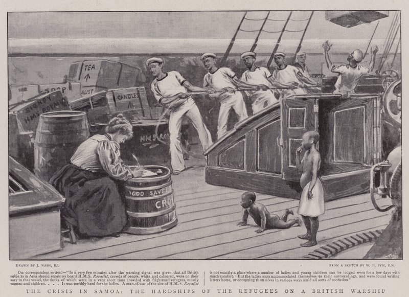 La crisis en Samoa, las dificultades de los refugiados en un buque de guerra británico de Joseph Nash