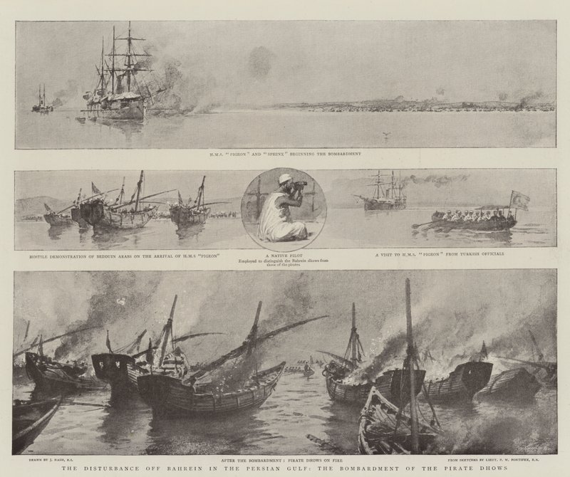 El disturbio en Bahrein en el Golfo Pérsico, el bombardeo de los dhows piratas de Joseph Nash