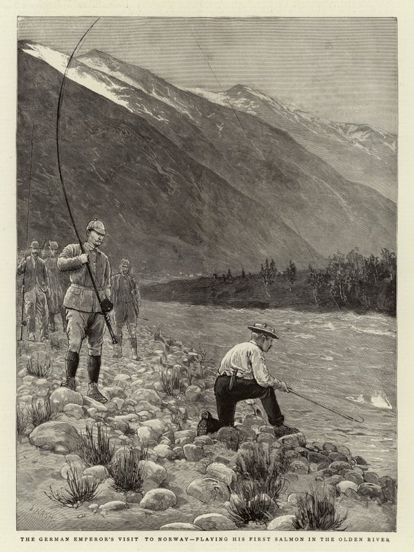 La visita del emperador alemán a Noruega, pescando su primer salmón en el río Olden de Joseph Nash