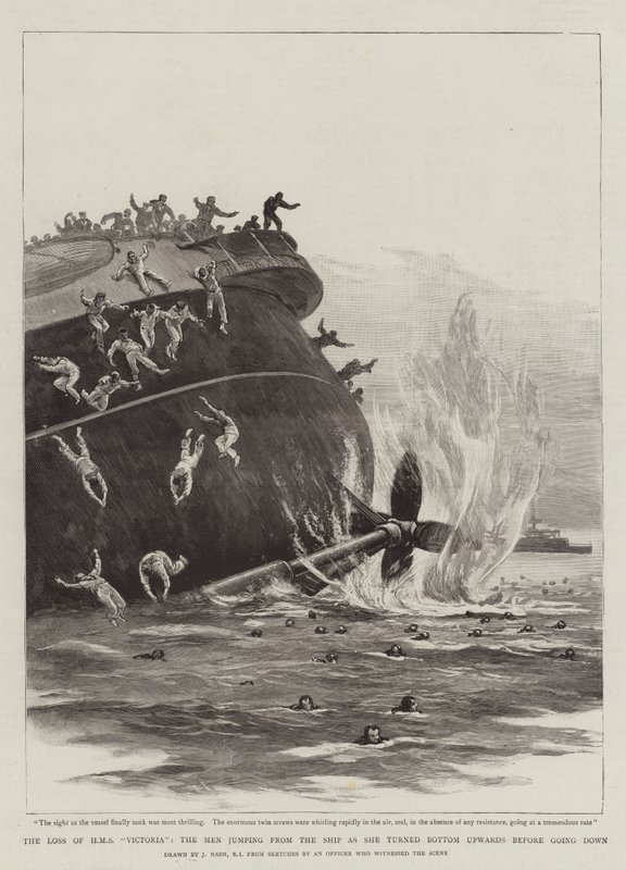 La pérdida del HMS Victoria, los hombres saltando del barco mientras se volteaba antes de hundirse de Joseph Nash