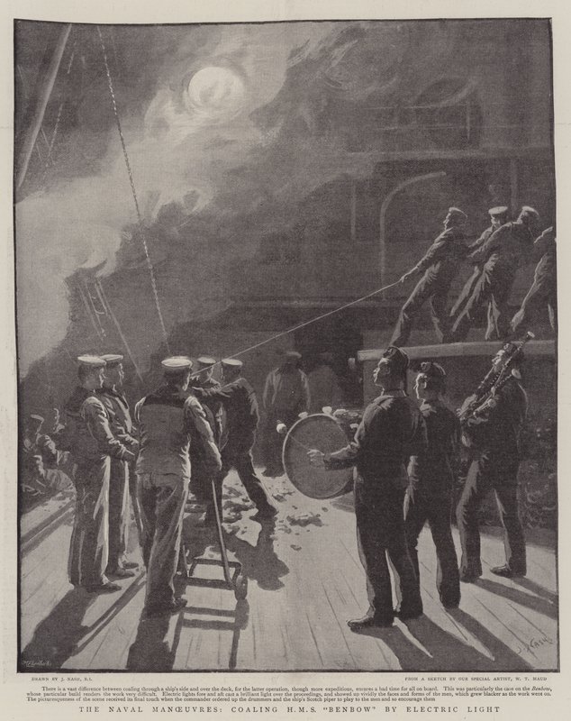 Las maniobras navales, abasteciendo de carbón al HMS Benbow con luz eléctrica de Joseph Nash