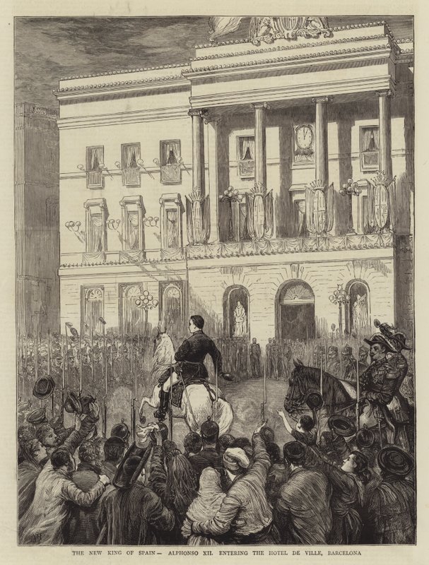 El nuevo rey de España, Alfonso XII entrando en el Hotel de Ville, Barcelona de Joseph Nash