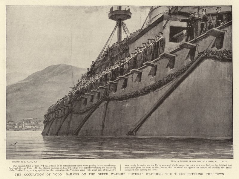 La ocupación de Volo, marineros en el buque de guerra griego Hydra observando a los turcos entrando en la ciudad de Joseph Nash