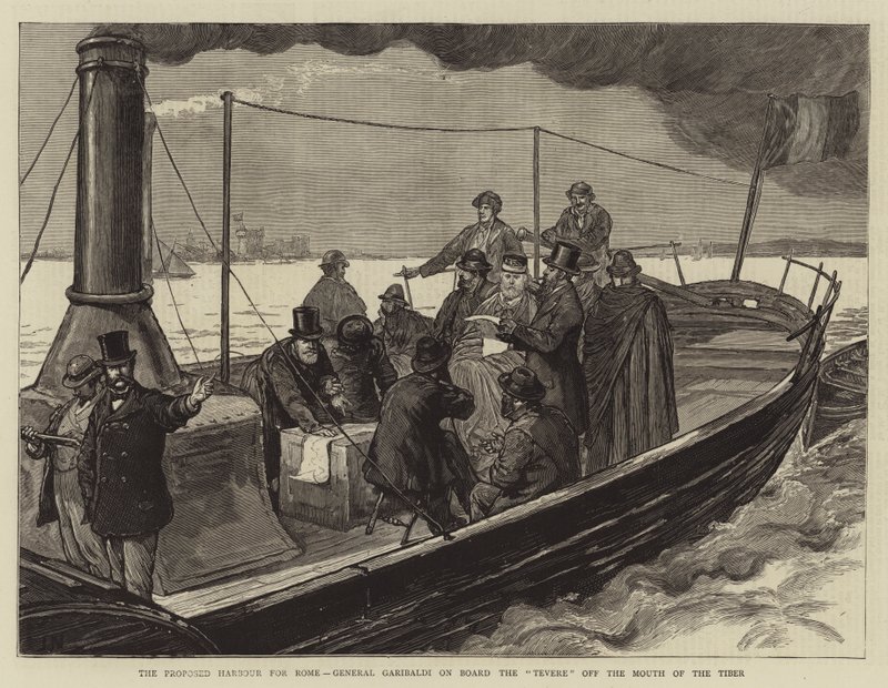 El puerto propuesto para Roma, General Garibaldi a bordo del Tevere en la desembocadura del Tíber de Joseph Nash