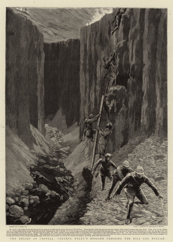 El Alivio de Chitral, la Brigada del Coronel Kelly cruzando el Nisa Gol Nullah de Joseph Nash