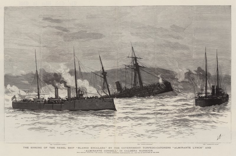 El hundimiento del barco rebelde Blanco Encalada por los torpederos del gobierno Almirante Lynch y Almirante Condell, en el puerto de Caldera de Joseph Nash