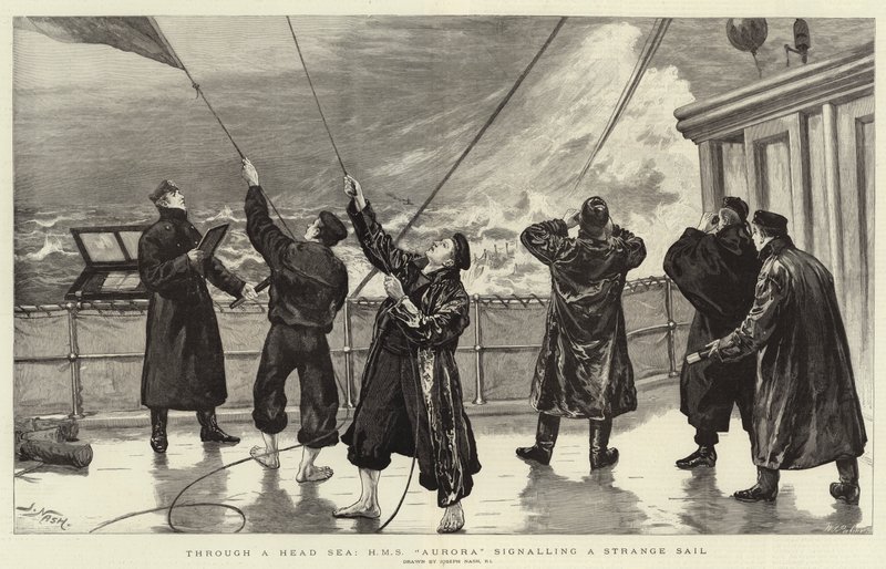 A través de un mar agitado, H M S Aurora señalando una vela extraña de Joseph Nash