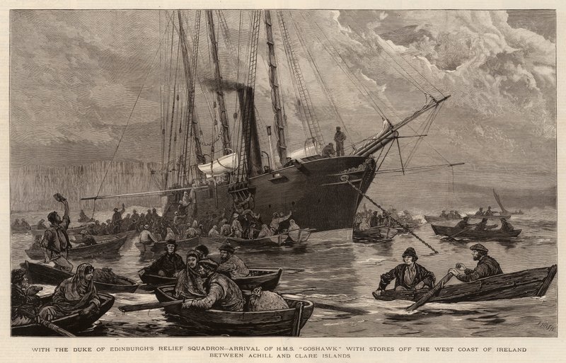 Con el escuadrón de socorro del Duque de Edimburgo, llegada del HMS Goshawk con suministros en la costa oeste de Irlanda entre las islas Achill y Clare de Joseph Nash