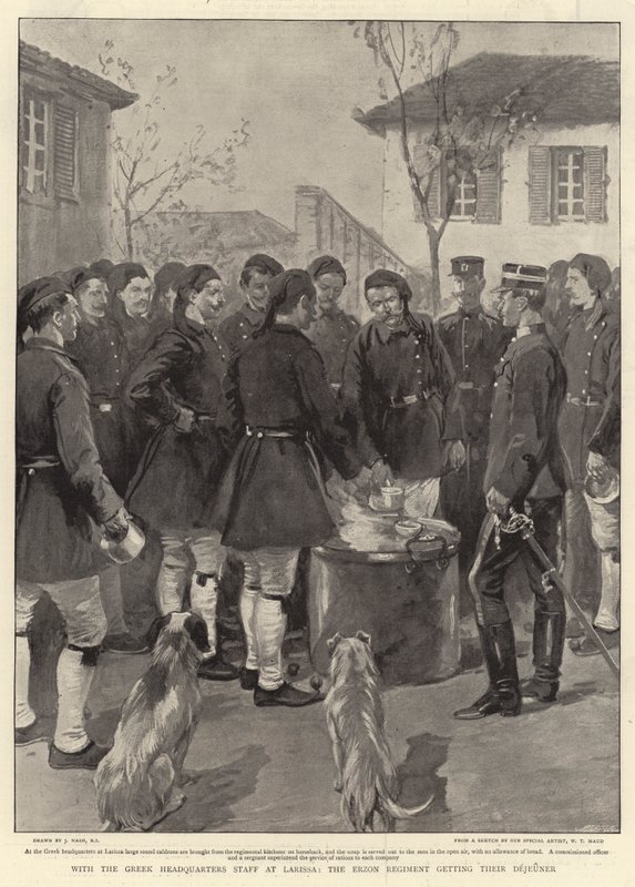 Con el Estado Mayor del Cuartel General Griego en Larissa, el Regimiento Erzon tomando su desayuno de Joseph Nash