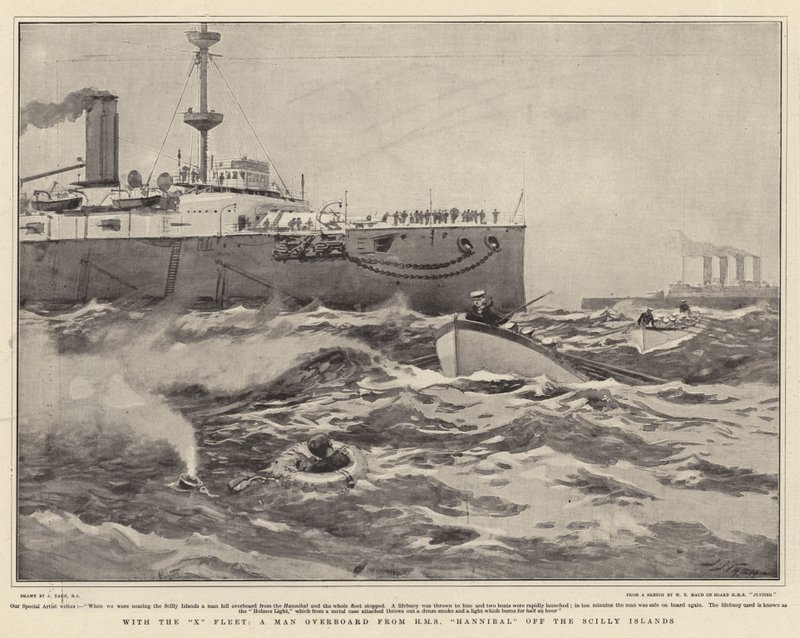 Con la X Flota, un hombre al agua del HMS Hannibal frente a las Islas Scilly de Joseph Nash