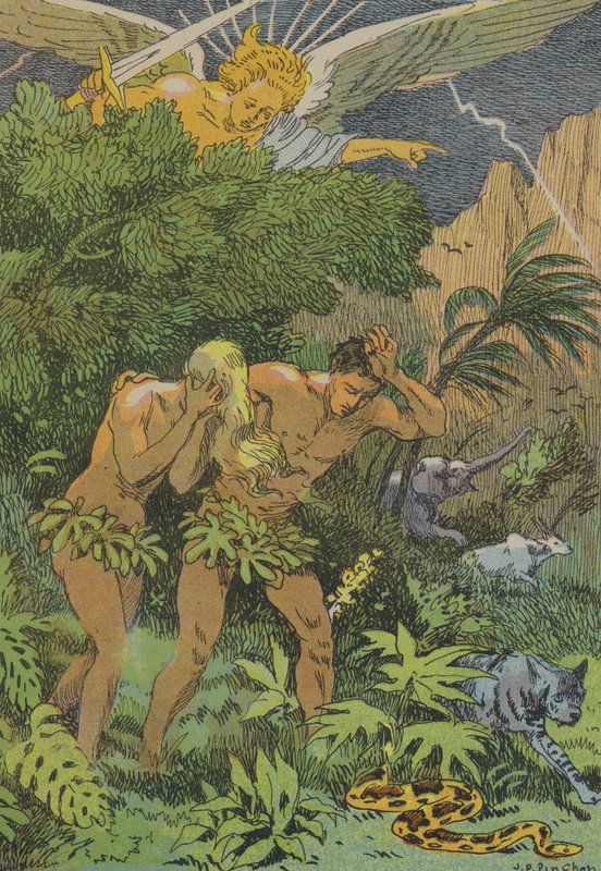 Expulsión de Adán y Eva del Jardín del Edén (litografía en color) de Joseph Porphyre Pinchon