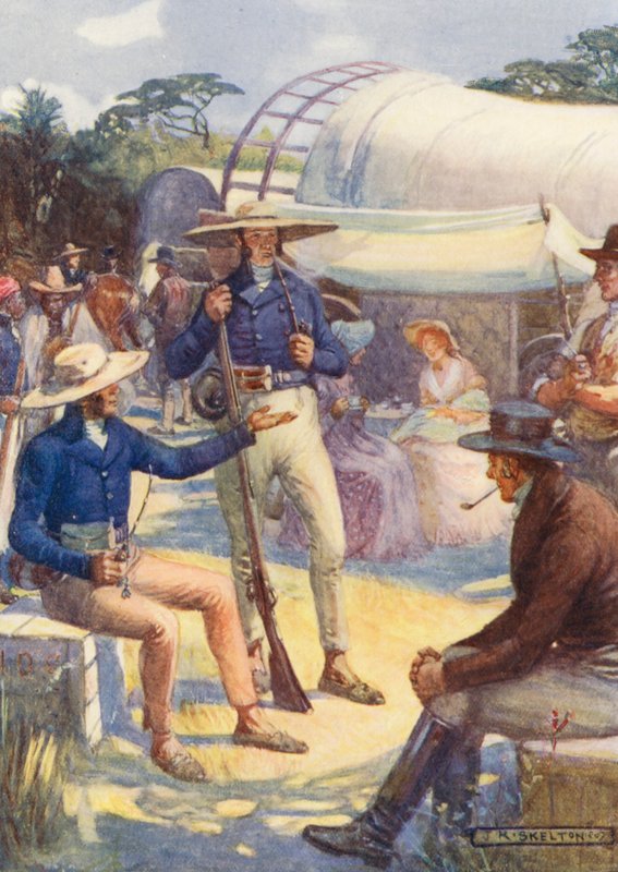 1820 Los colonos y sus convoyes bóer (litografía en color) de Joseph Ratcliffe (after) Skelton