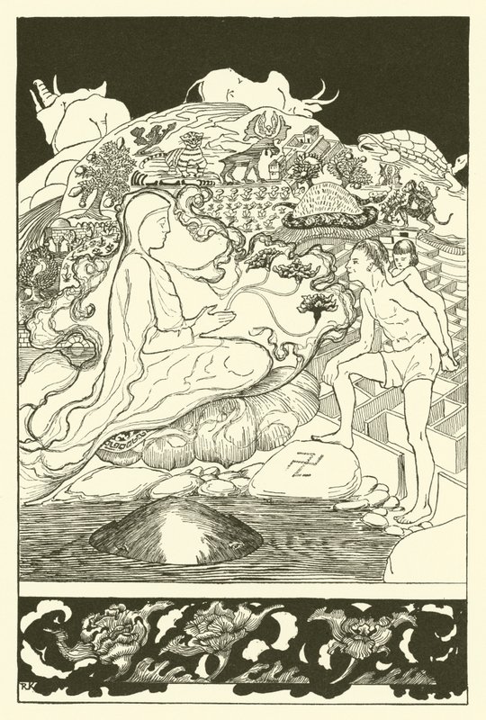 Pau Amma el cangrejo huyendo mientras el mago mayor hablaba con el hombre y su pequeña hija de Joseph Rudyard (after) Kipling