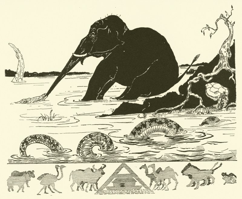 El niño del elefante siendo tirado de la nariz por el cocodrilo (grabado) de Joseph Rudyard (after) Kipling