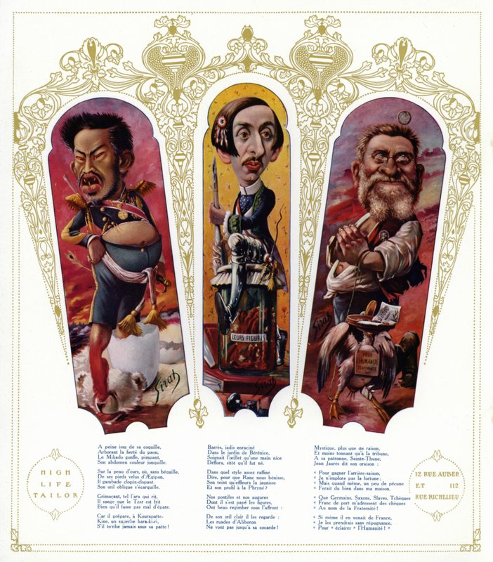 Caricaturas: Emperador Meiji de Japón; Maurice Barres, escritor y político nacionalista francés; Jean Jaures, político francés de Joseph Sirat