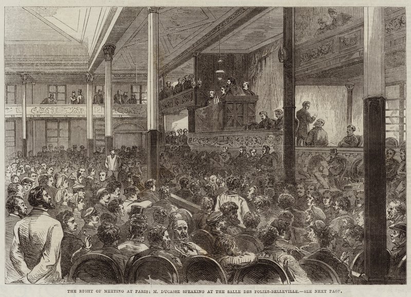 El derecho de reunión en París, M. Ducasse hablando en la Salle des Folies-Belleville de Jules Pelcoq