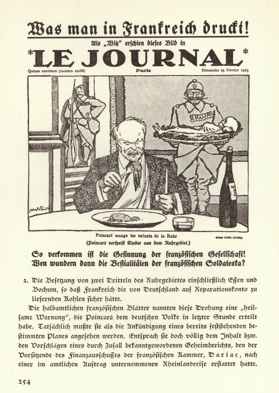 Propaganda alemana que muestra la portada de un periódico francés con una caricatura del Primer Ministro Raymond Poincare comiendo a los niños del Ruhr durante la ocupación francesa de la región de Jules Abel Faivre