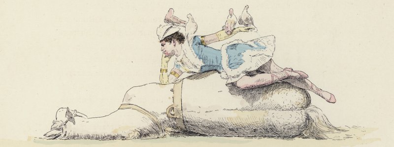 Artista de circo, acostada sobre un caballo, con palomas en su brazo y cabeza (litografía en color) de Jules Arsene (after) Garnier